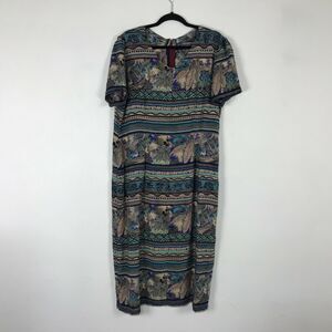 Vintage 80s Homemade Midi Dress Size XL Multicolor Floral Rayon‎ Short Sleeve